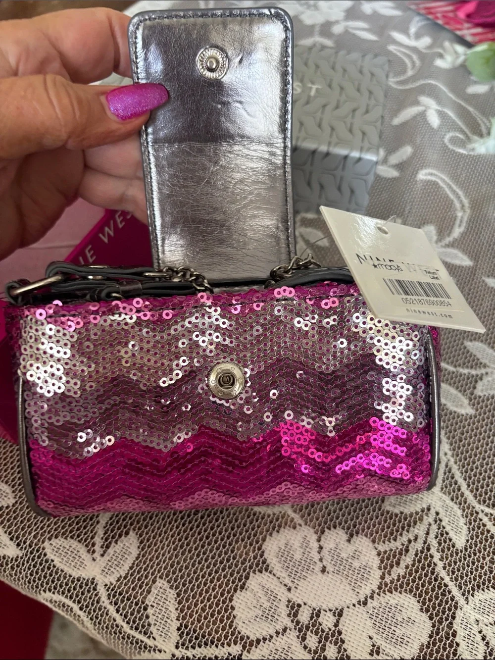 NIB Nine West Pink and Silver Sequin Phone Clutch with Logo Plate. Original box